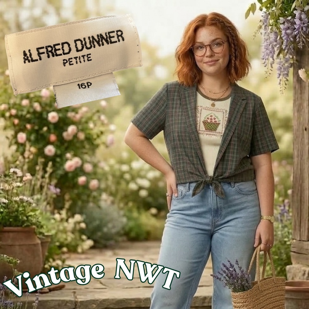 ALFRED DUNNER Vintage Women’s Plaid 2-Fer Blouse NWT Blue Green 16P Tie-Front